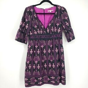 Nanette Lepore women US 4 purple dress fully embroidered V Neck 3/4 sleeve lined